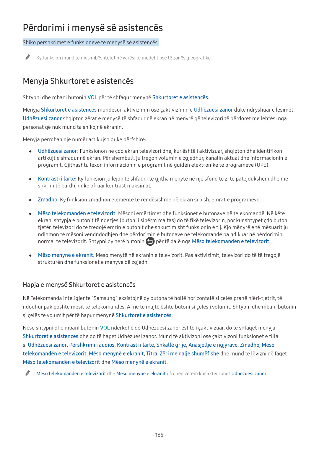 Samsung UE65NU8002TXXH, UE65NU7372UXXH, QE65Q8CNATXXH Përdorimi i menysë së asistencës, Menyja Shkurtoret e asistencës, 165 