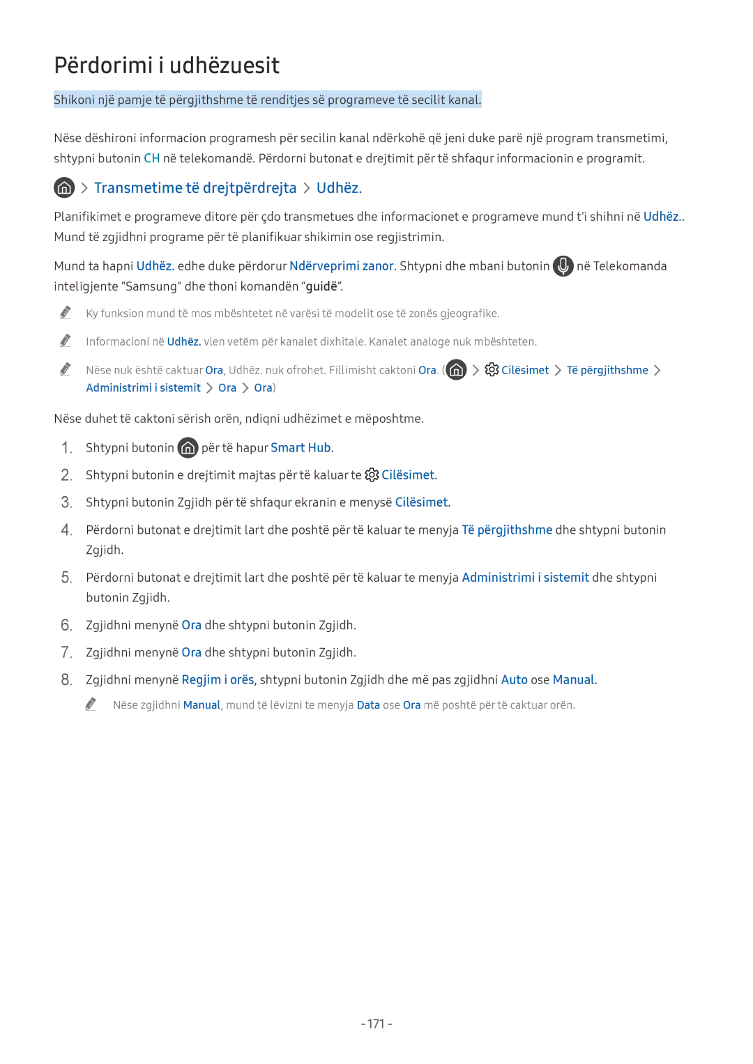Samsung UE65NU8002TXXH, UE65NU7372UXXH manual Përdorimi i udhëzuesit, Transmetime të drejtpërdrejta Udhëz, 171, Ora Ora 