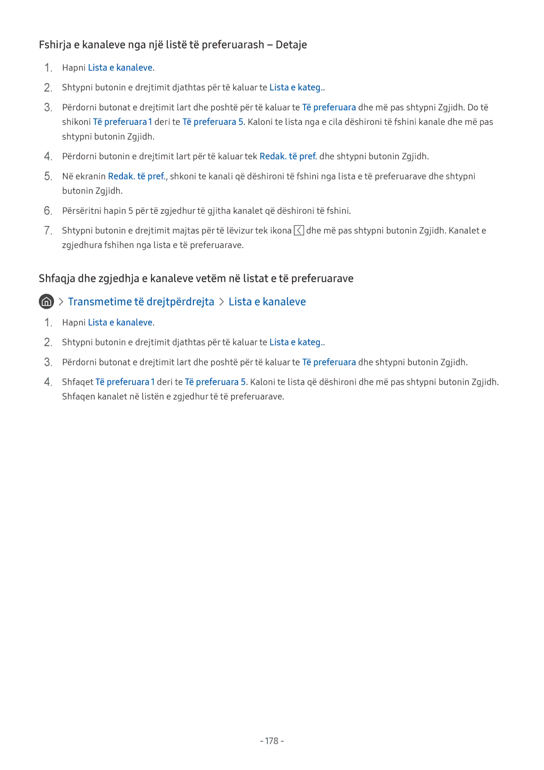 Samsung QE65Q8CNATXXH, UE65NU7372UXXH, UE65NU7172UXXH manual Fshirja e kanaleve nga një listë të preferuarash Detaje, 178 