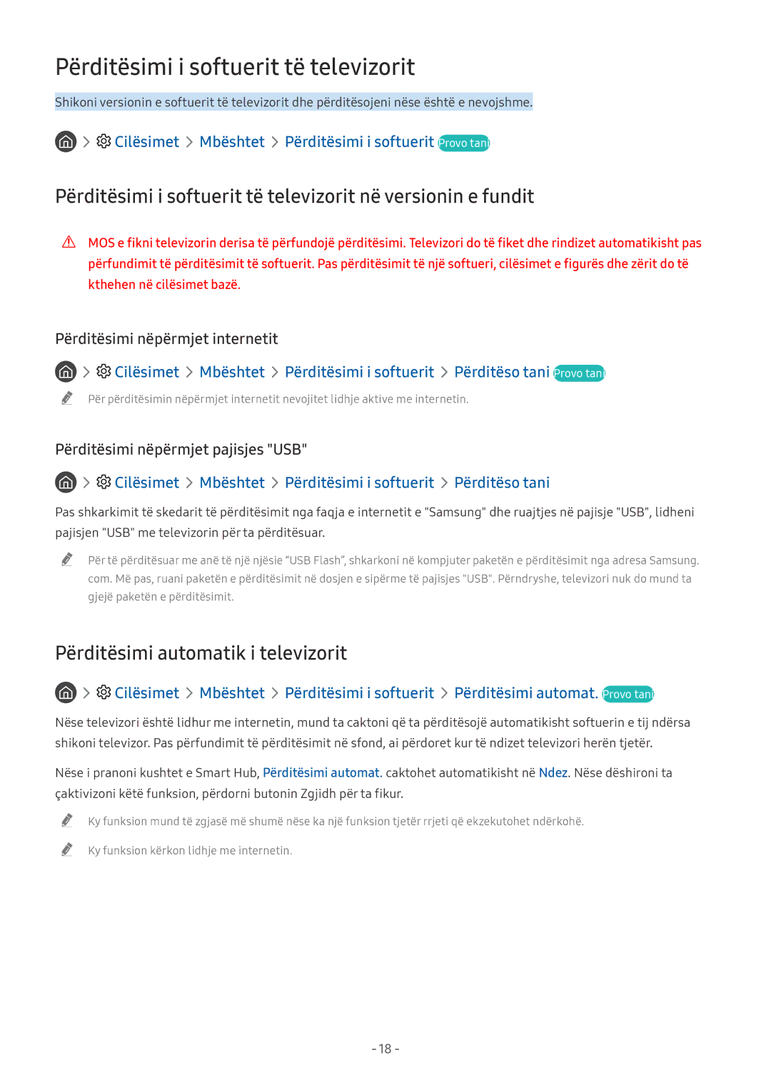 Samsung UE65NU7372UXXH, UE65NU7172UXXH manual Përditësimi i softuerit të televizorit, Përditësimi automatik i televizorit 