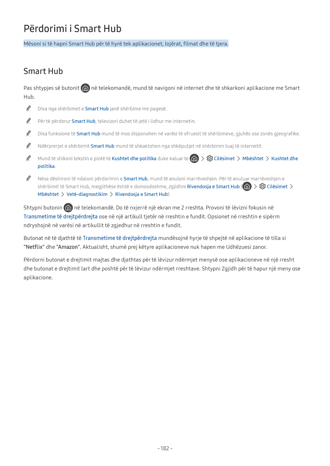 Samsung UE55NU7172UXXH, UE65NU7372UXXH, UE65NU7172UXXH, UE65NU8002TXXH manual Smart Hub, 182, Cilësimet Mbështet, Politika 