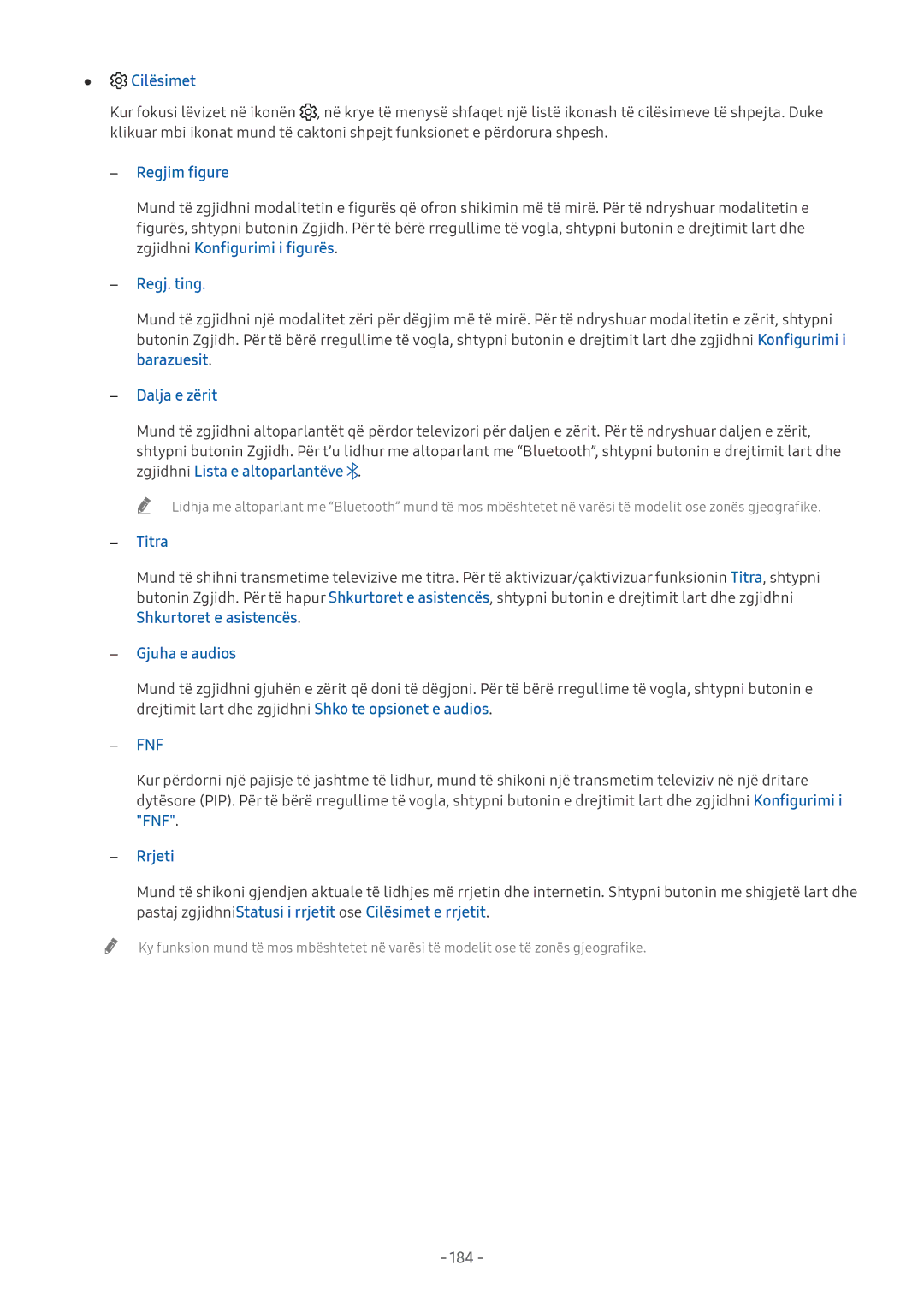 Samsung QE65Q8CNATXXH, UE65NU7372UXXH, UE65NU7172UXXH, UE55NU7172UXXH, UE65NU8002TXXH, UE65NU7402UXXH manual Cilësimet, 184 