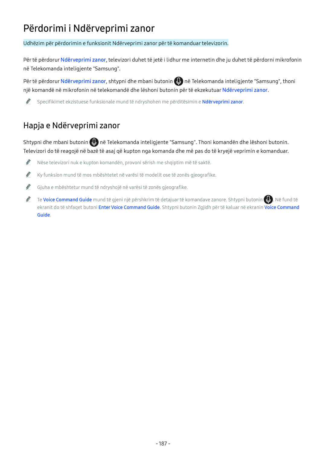 Samsung UE65NU7172UXXH, UE65NU7372UXXH, UE55NU7172UXXH, UE65NU8002TXXH, QE65Q8CNATXXH manual Përdorimi i Ndërveprimi zanor, 187 