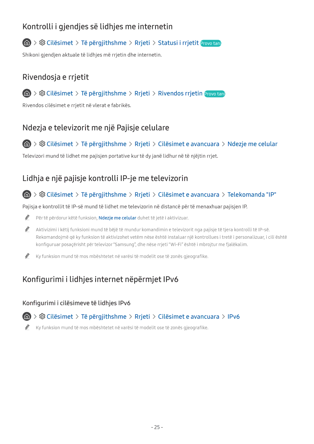 Samsung UE65NU7172UXXH, UE65NU7372UXXH, UE55NU7172UXXH Kontrolli i gjendjes së lidhjes me internetin, Rivendosja e rrjetit 