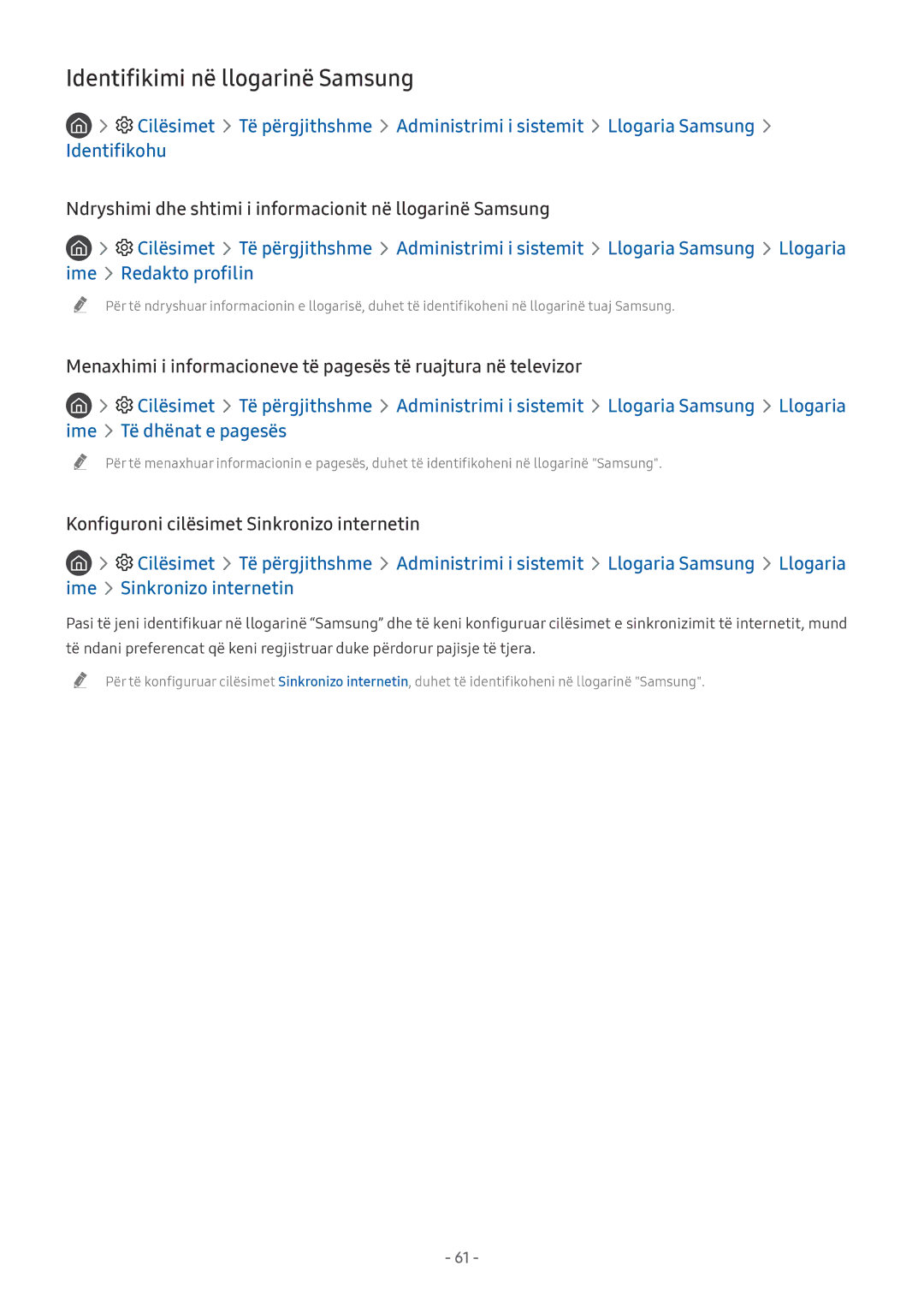 Samsung UE65NU7172UXXH manual Identifikimi në llogarinë Samsung, Ndryshimi dhe shtimi i informacionit në llogarinë Samsung 