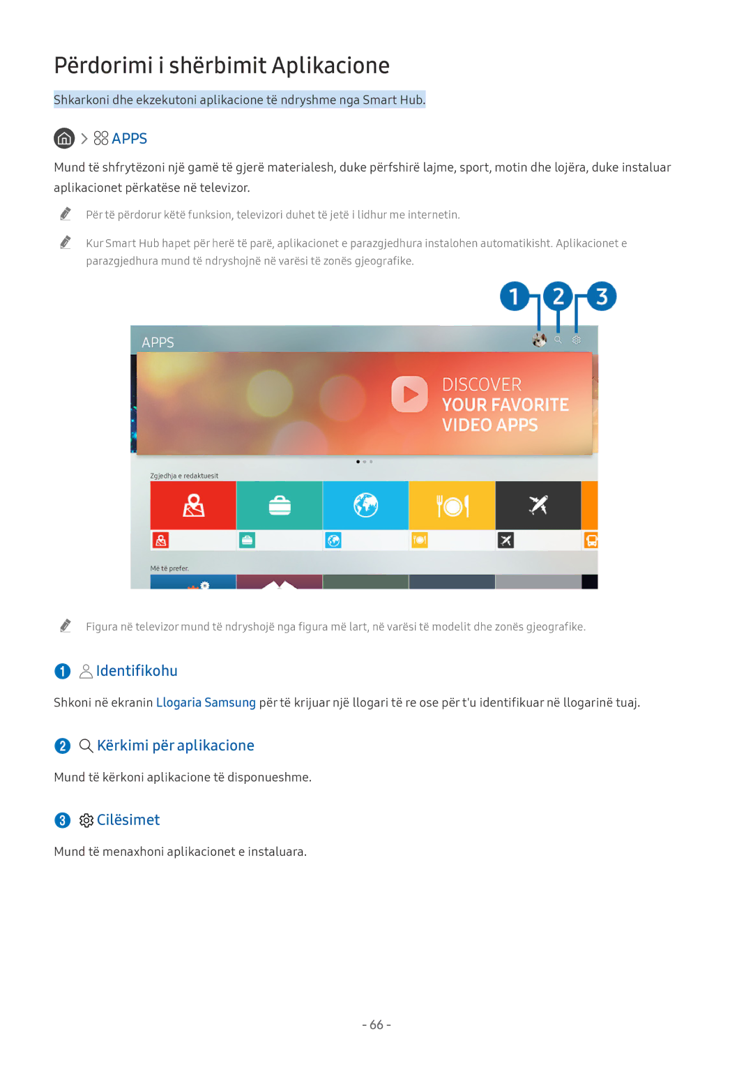 Samsung UE65NU7372UXXH, UE65NU7172UXXH manual Përdorimi i shërbimit Aplikacione, Identifikohu, Kërkimi për aplikacione 