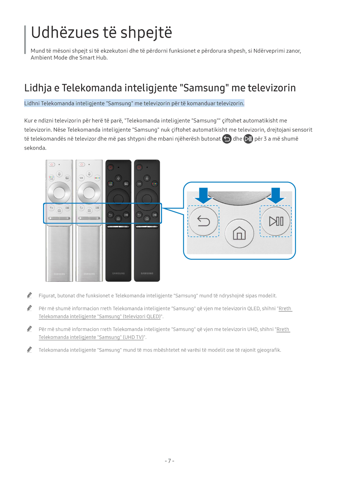 Samsung UE65NU7172UXXH, UE65NU7372UXXH manual Udhëzues të shpejtë, Lidhja e Telekomanda inteligjente Samsung me televizorin 