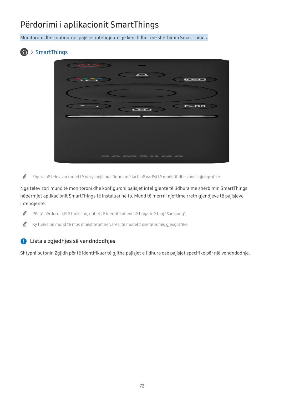 Samsung UE65NU7372UXXH, UE65NU7172UXXH manual Përdorimi i aplikacionit SmartThings,  Lista e zgjedhjes së vendndodhjes 