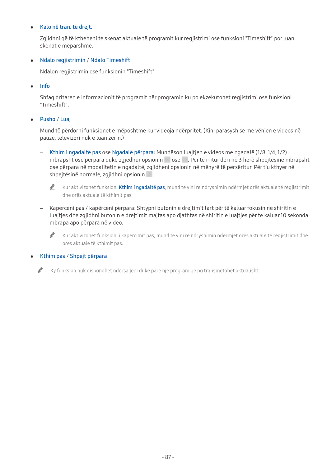 Samsung UE65NU8002TXXH, UE65NU7372UXXH Kalo në tran. të drejt, Ndalo regjistrimin / Ndalo Timeshift, Info, Pusho / Luaj 