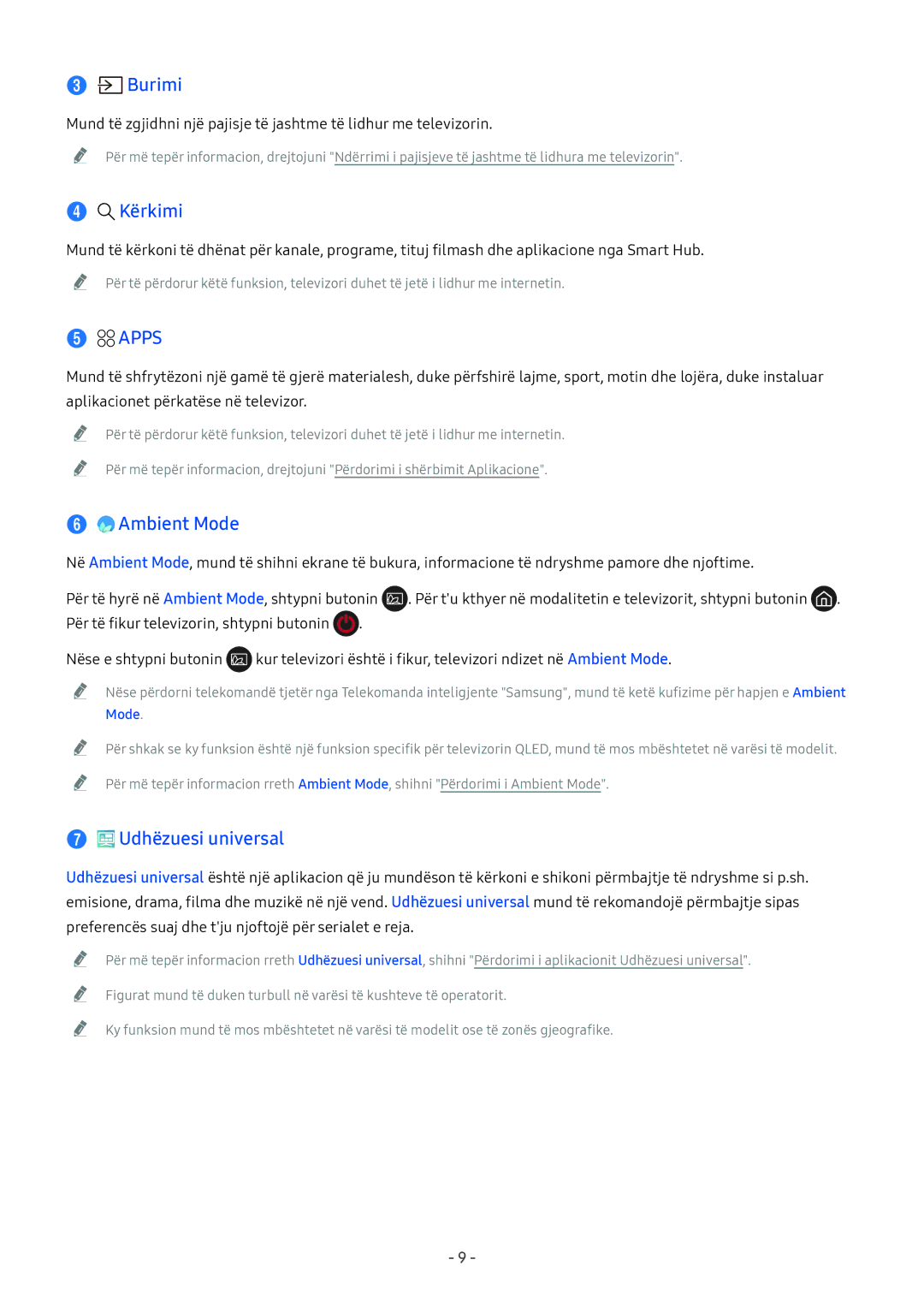 Samsung UE65NU8002TXXH, UE65NU7372UXXH, UE65NU7172UXXH manual Burimi, Kërkimi, Apps, Ambient Mode, Udhëzuesi universal 