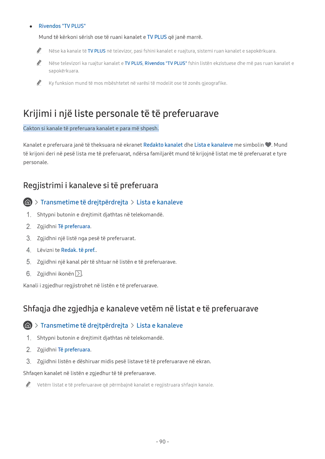 Samsung UE65NU7372UXXH manual Krijimi i një liste personale të të preferuarave, Regjistrimi i kanaleve si të preferuara 