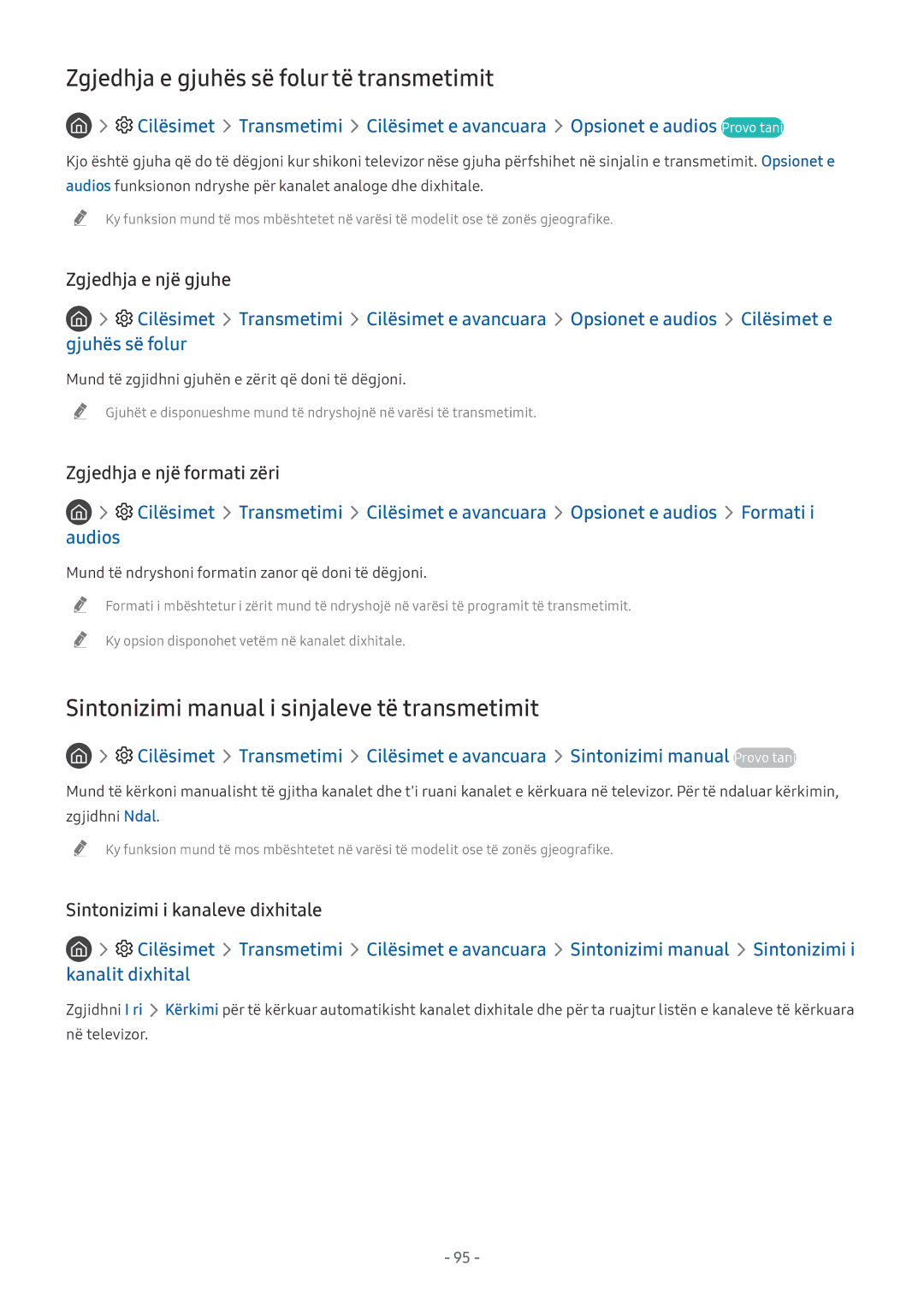 Samsung UE65NU7402UXXH Zgjedhja e gjuhës së folur të transmetimit, Sintonizimi manual i sinjaleve të transmetimit 