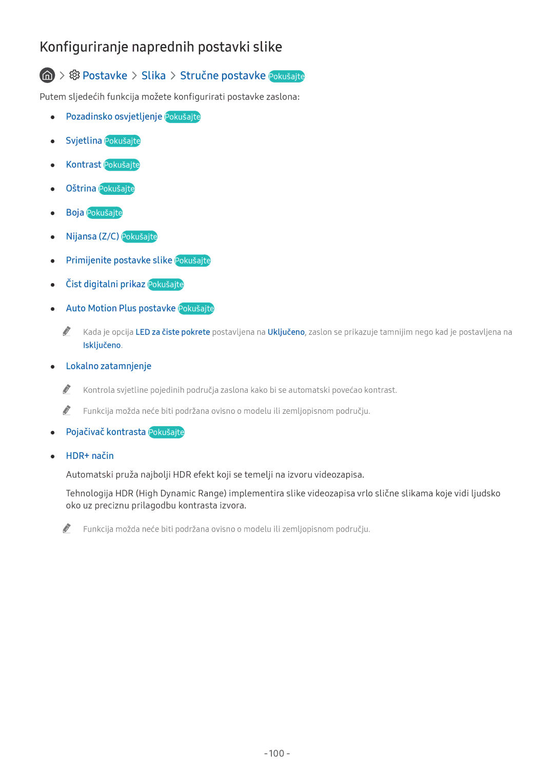 Samsung UE75NU7172UXXH manual Konfiguriranje naprednih postavki slike, Postavke Slika Stručne postavke Pokušajte, 100 