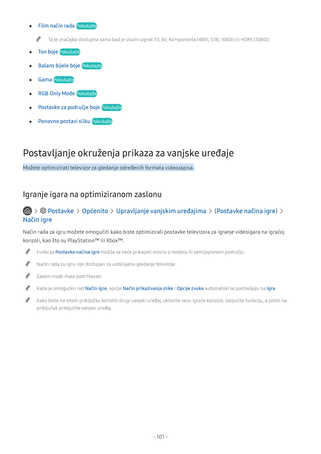 Samsung UE65NU7502UXXH Postavljanje okruženja prikaza za vanjske uređaje, Igranje igara na optimiziranom zaslonu, 101 