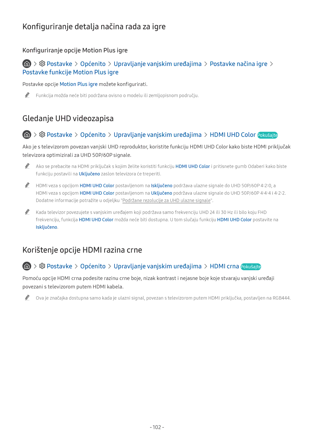 Samsung UE65NU7372UXXH, UE65NU7172UXXH manual Konfiguriranje detalja načina rada za igre, Gledanje UHD videozapisa, 102 