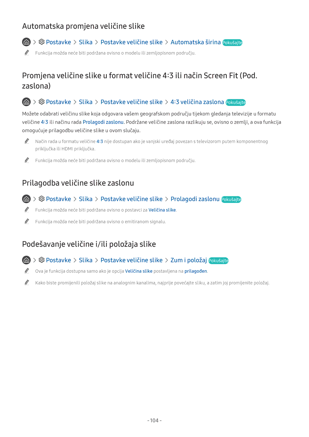Samsung UE55NU7172UXXH, UE65NU7372UXXH manual Automatska promjena veličine slike, Prilagodba veličine slike zaslonu, 104 