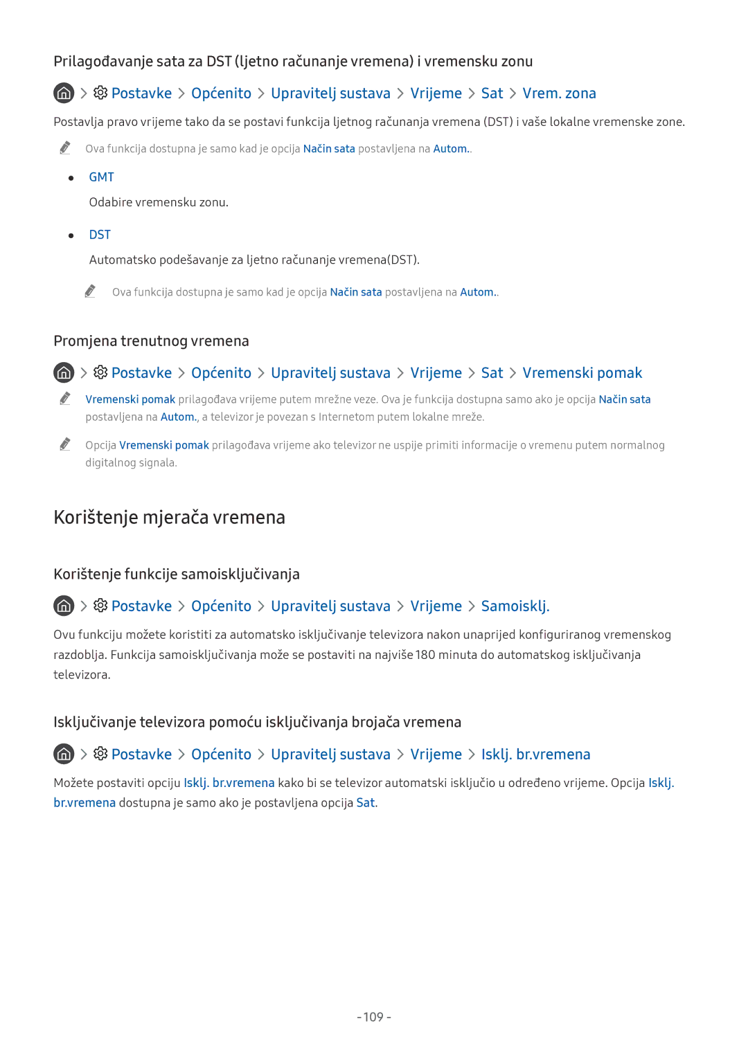 Samsung QE55Q9FNATXXH manual Korištenje mjerača vremena, Postavke Općenito Upravitelj sustava Vrijeme Sat Vrem. zona 