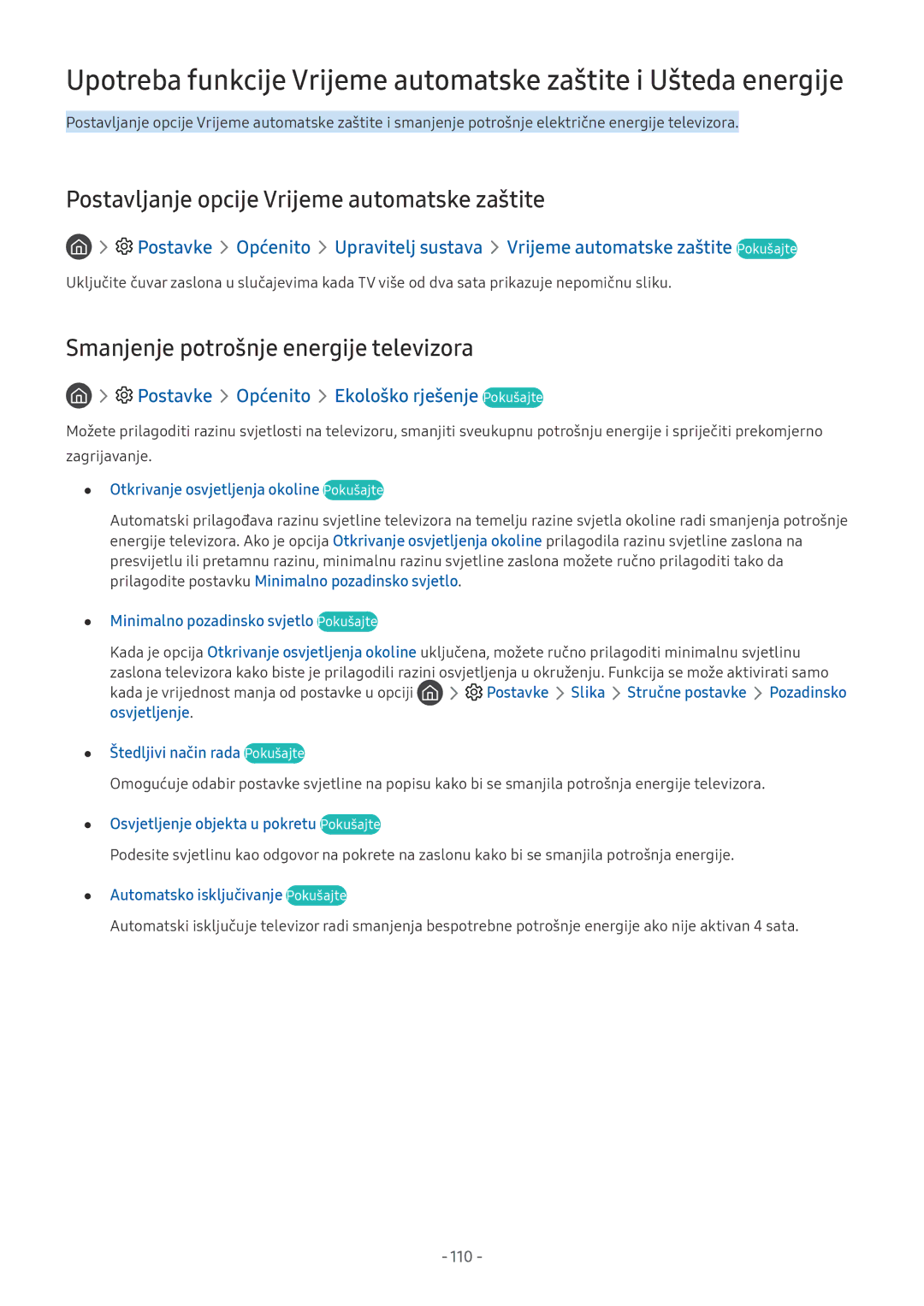 Samsung QE55Q8CNATXXH manual Postavljanje opcije Vrijeme automatske zaštite, Smanjenje potrošnje energije televizora, 110 