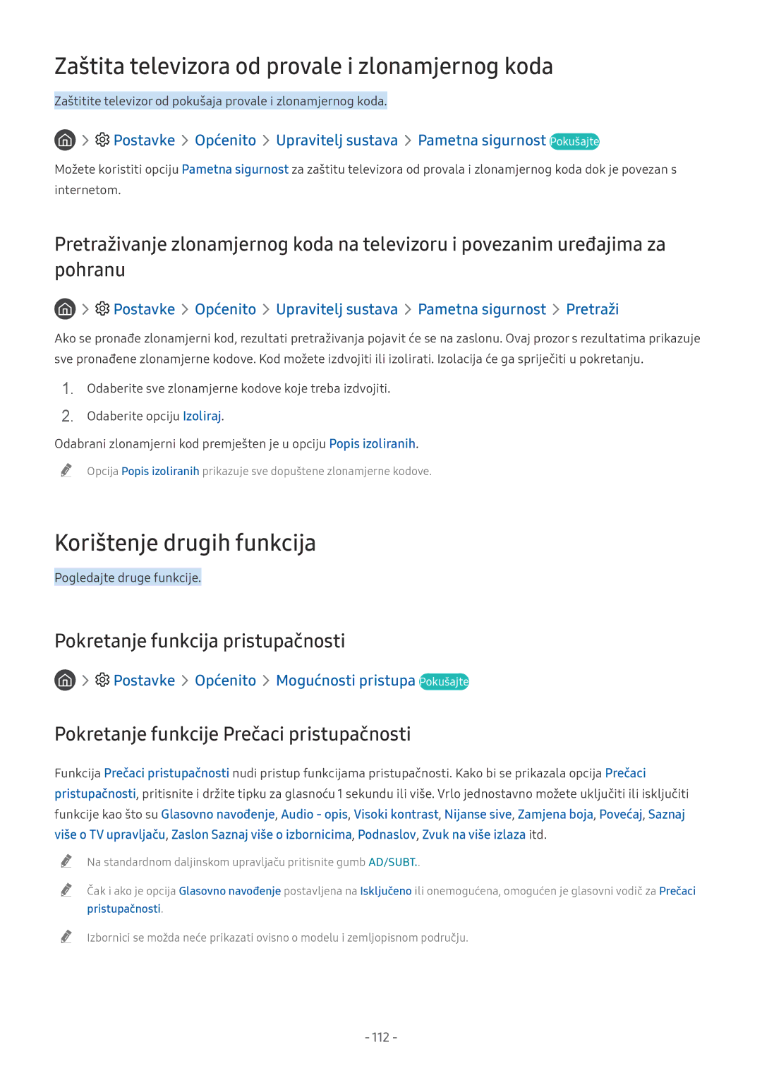 Samsung UE75NU8002TXXH, UE65NU7372UXXH manual Zaštita televizora od provale i zlonamjernog koda, Korištenje drugih funkcija 