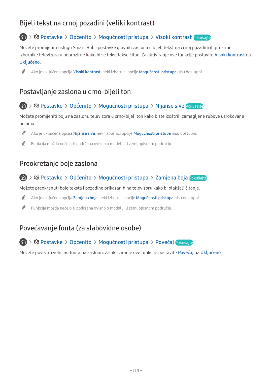 Samsung QE65Q9FNATXXH manual Bijeli tekst na crnoj pozadini veliki kontrast, Postavljanje zaslona u crno-bijeli ton 