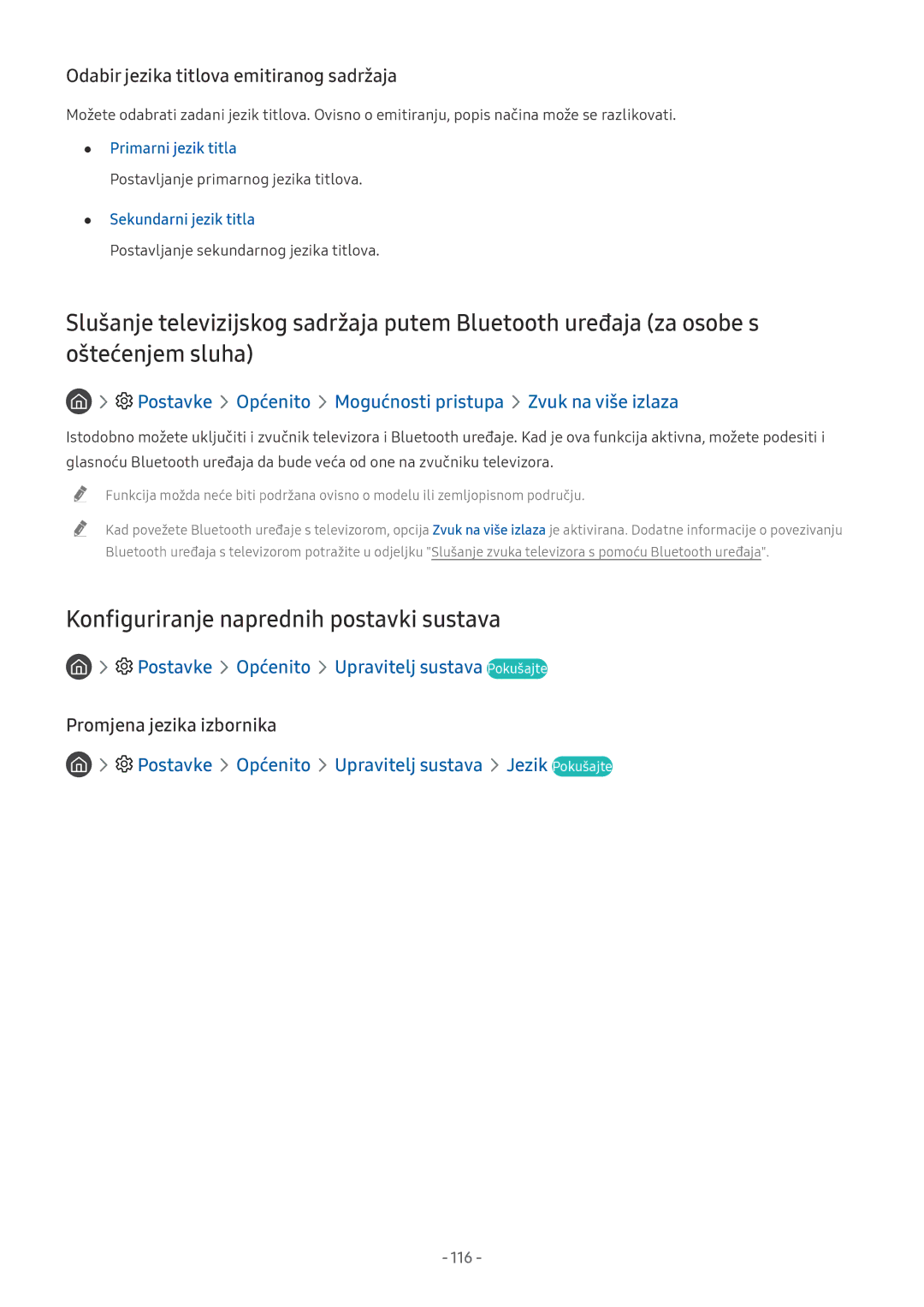 Samsung UE55NU8002TXXH manual Konfiguriranje naprednih postavki sustava, Odabir jezika titlova emitiranog sadržaja, 116 