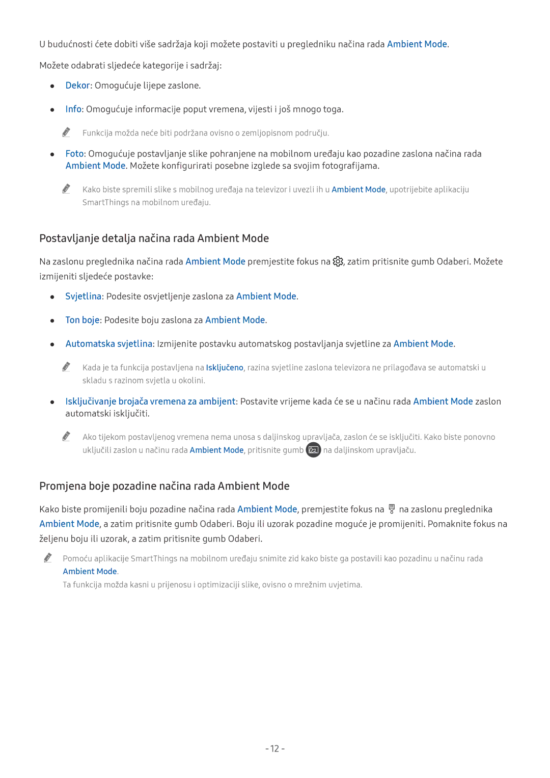 Samsung QE65Q9FNATXXH manual Postavljanje detalja načina rada Ambient Mode, Promjena boje pozadine načina rada Ambient Mode 