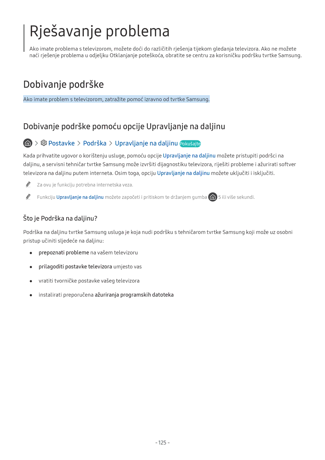 Samsung QE75Q7FNATXXH, UE65NU7372UXXH, UE65NU7172UXXH manual Dobivanje podrške pomoću opcije Upravljanje na daljinu, 125 