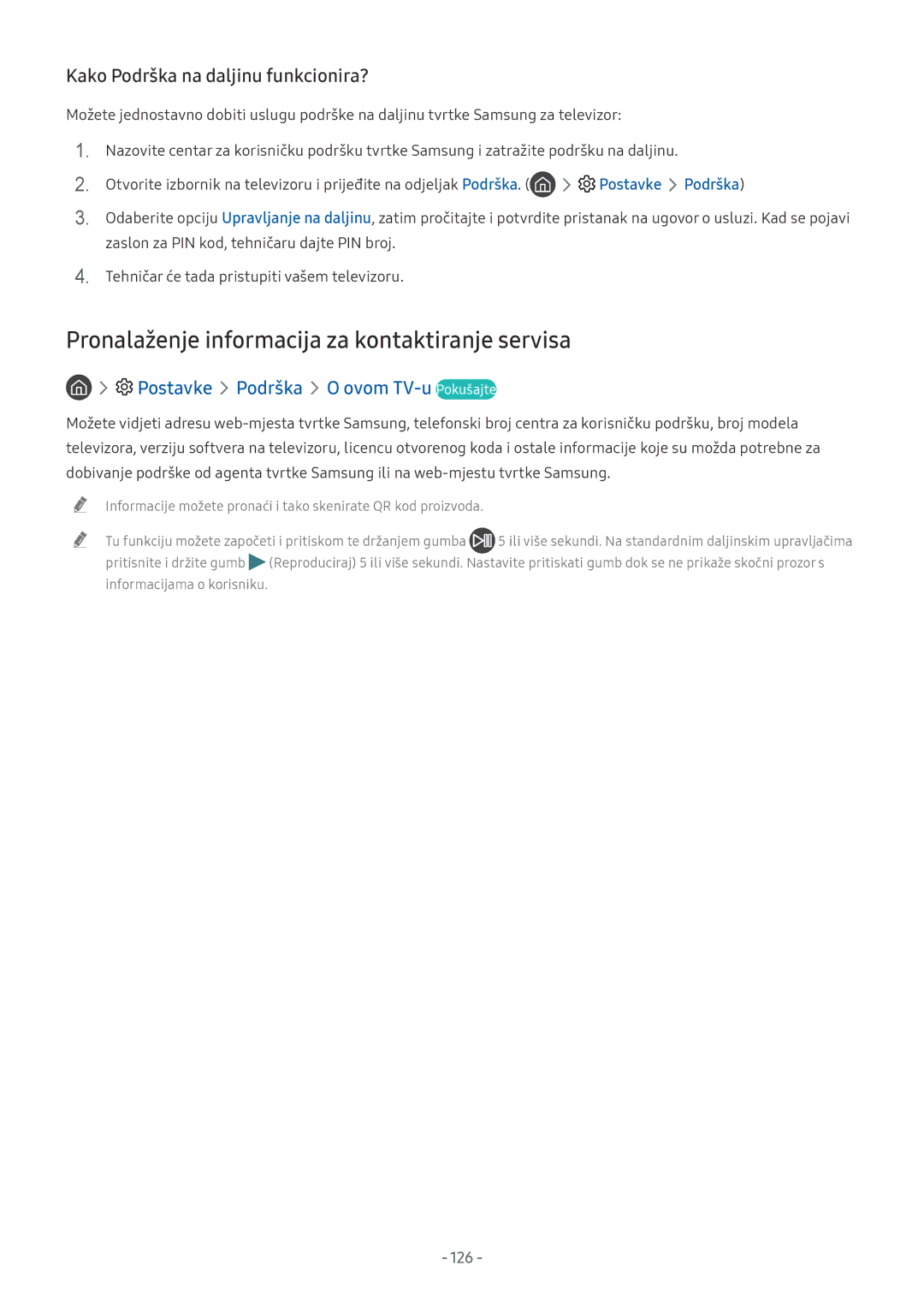 Samsung QE55Q9FNATXXH, UE65NU7372UXXH, UE65NU7172UXXH, UE55NU7172UXXH manual Kako Podrška na daljinu funkcionira?, 126 
