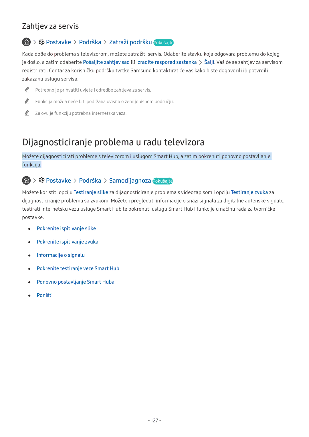 Samsung QE55Q8CNATXXH manual Dijagnosticiranje problema u radu televizora, Postavke Podrška Samodijagnoza Pokušajte, 127 