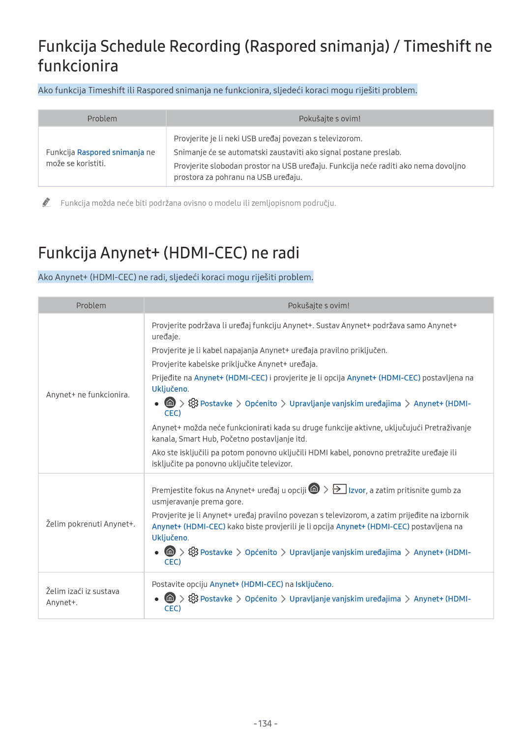 Samsung UE75NU7172UXXH manual Funkcija Anynet+ HDMI-CEC ne radi, 134, Funkcija Raspored snimanja ne može se koristiti 