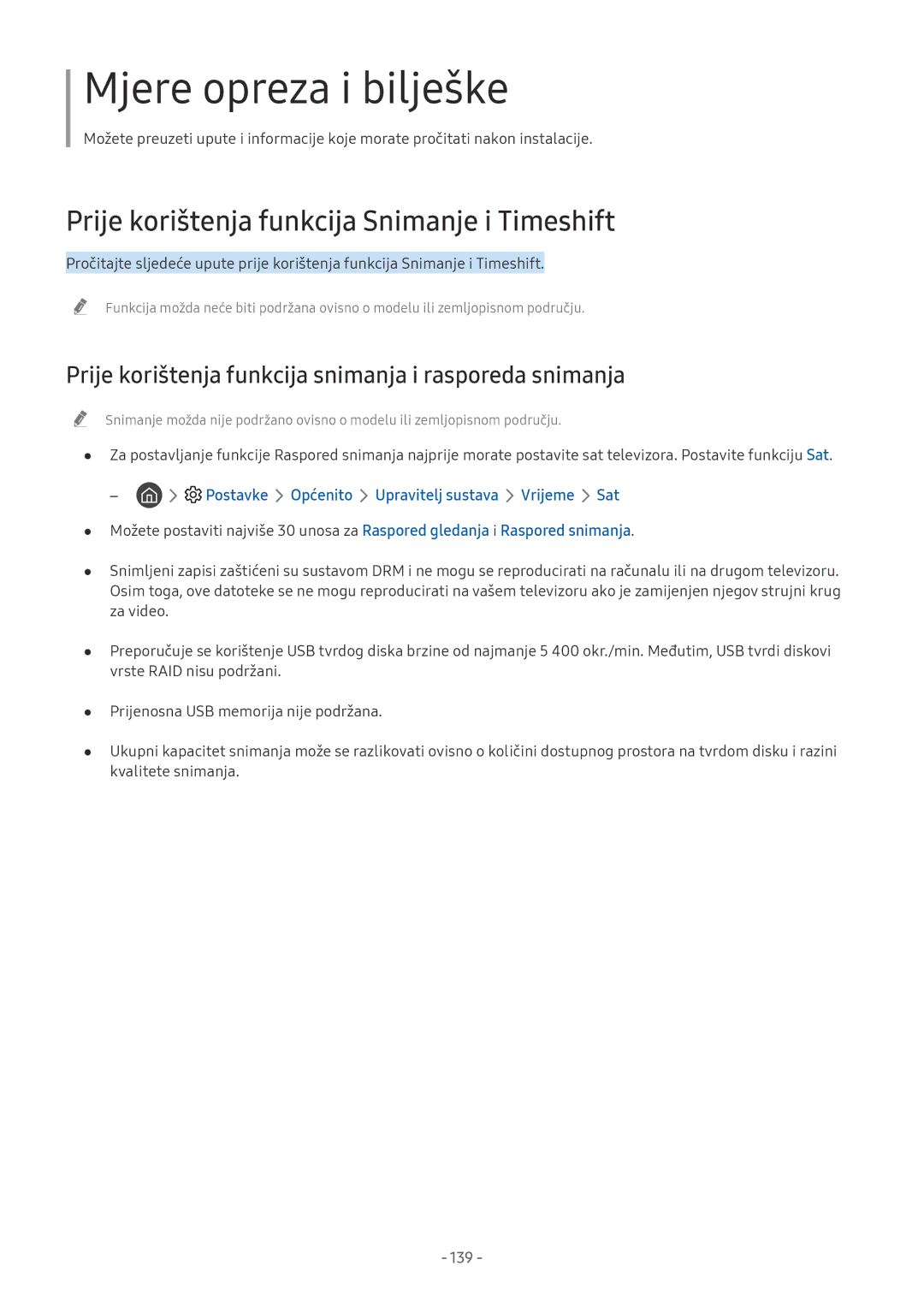 Samsung UE65NU8002TXXH Prije korištenja funkcija Snimanje i Timeshift, Postavke Općenito Upravitelj sustava Vrijeme Sat 