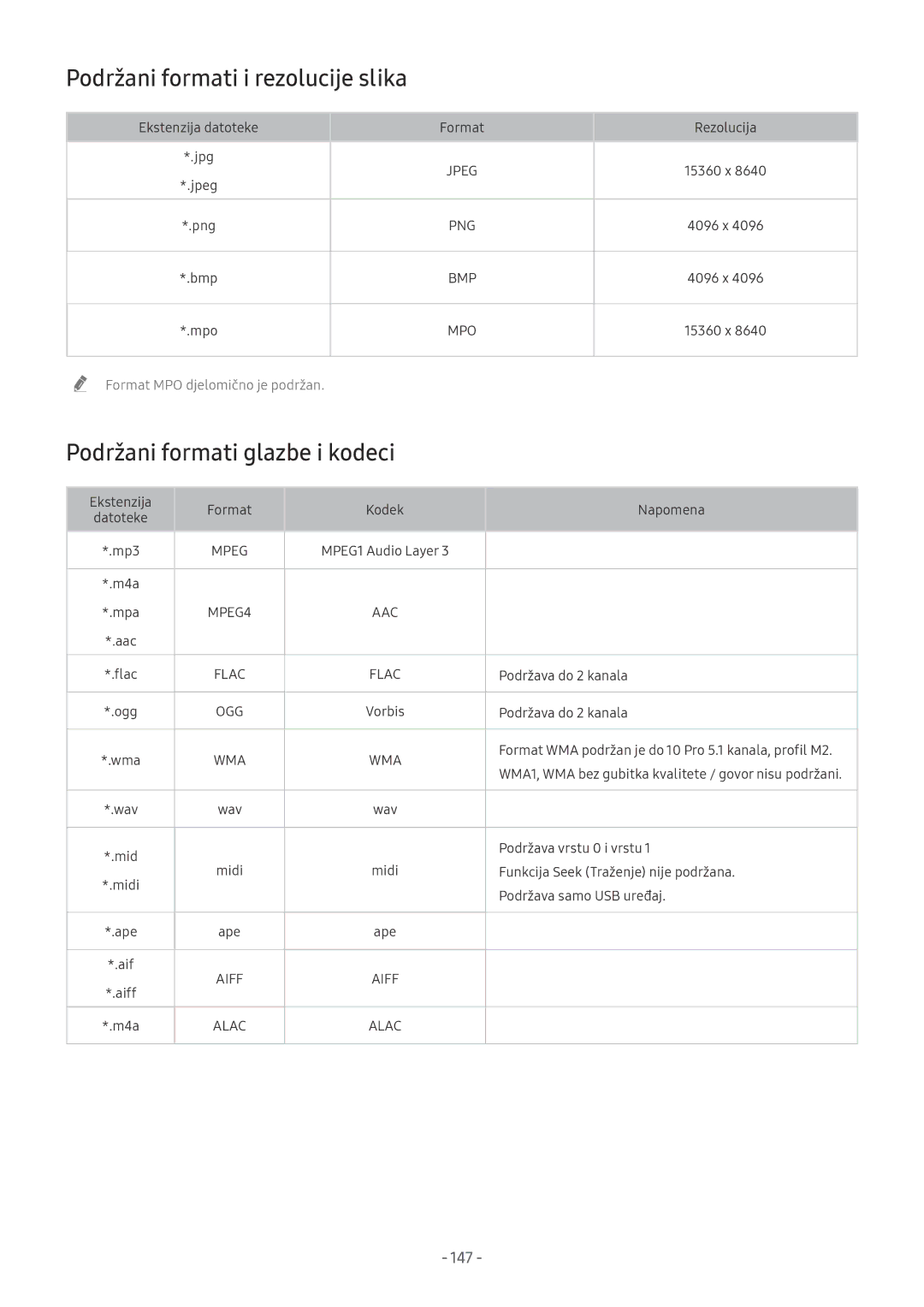 Samsung QE75Q9FNATXXH, UE65NU7372UXXH manual Podržani formati i rezolucije slika, Podržani formati glazbe i kodeci, 147 