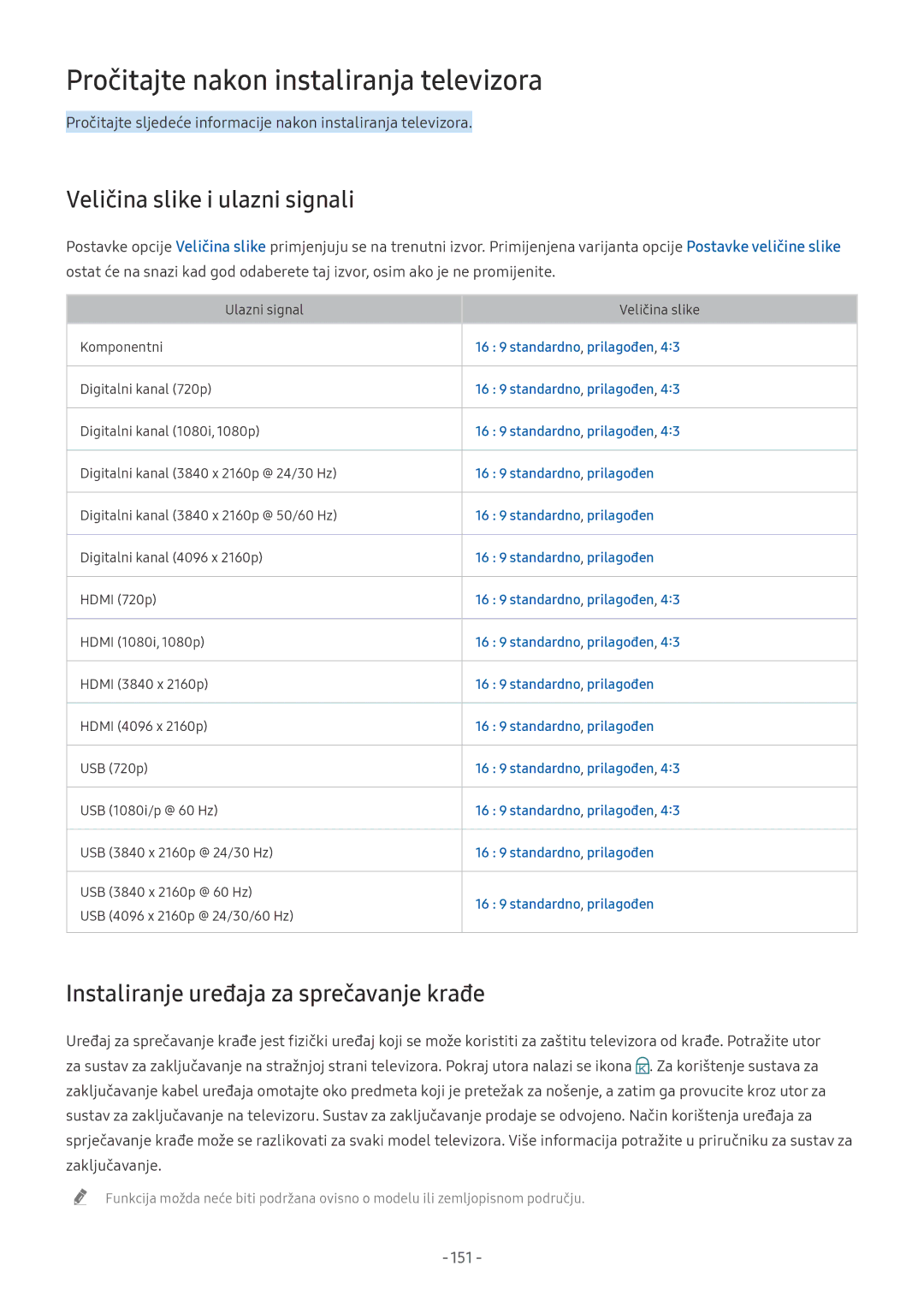 Samsung UE75NU7172UXXH, UE65NU7372UXXH manual Pročitajte nakon instaliranja televizora, Veličina slike i ulazni signali, 151 