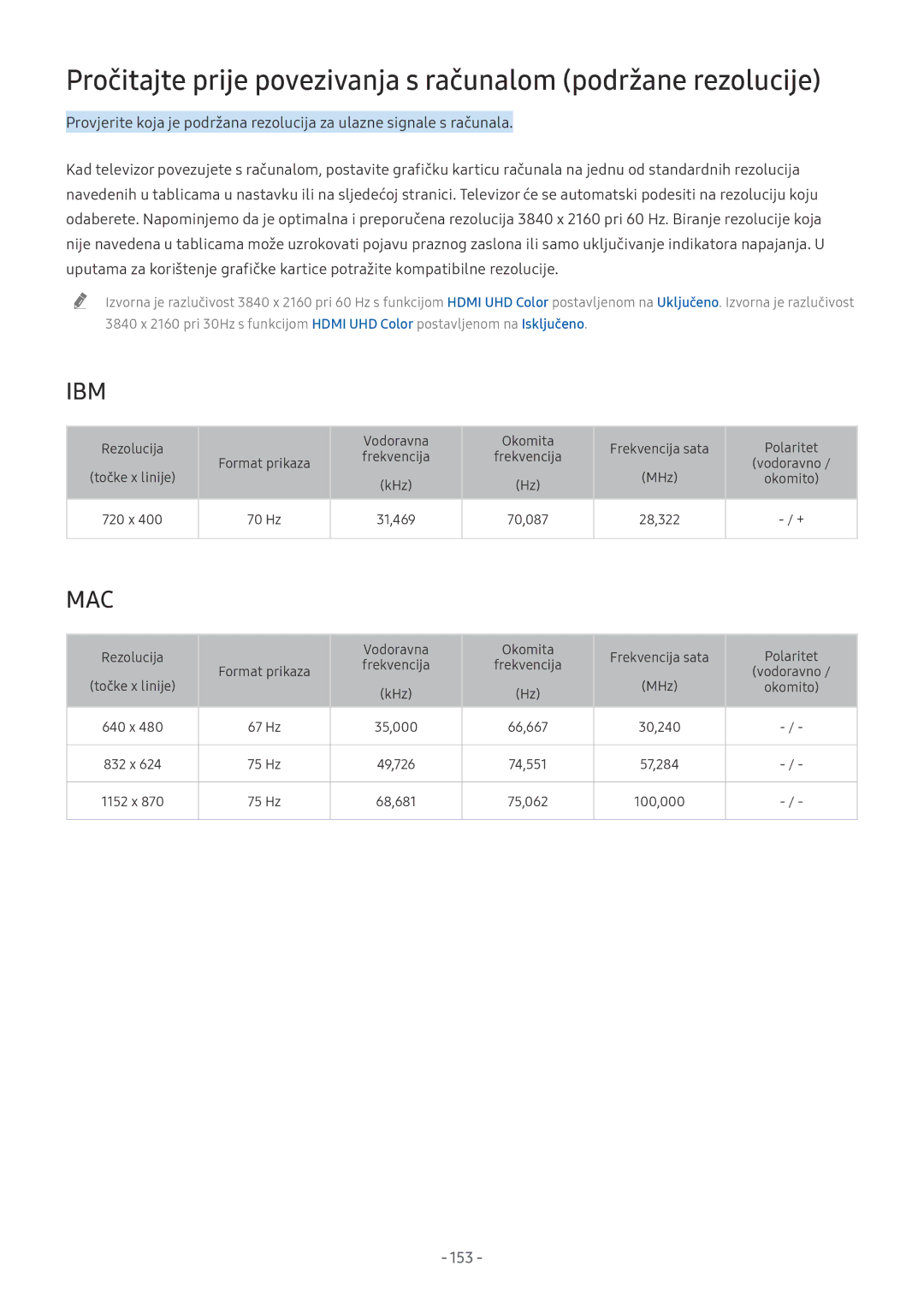 Samsung UE65NU7372UXXH, UE65NU7172UXXH, UE55NU7172UXXH Pročitajte prije povezivanja s računalom podržane rezolucije, 153 