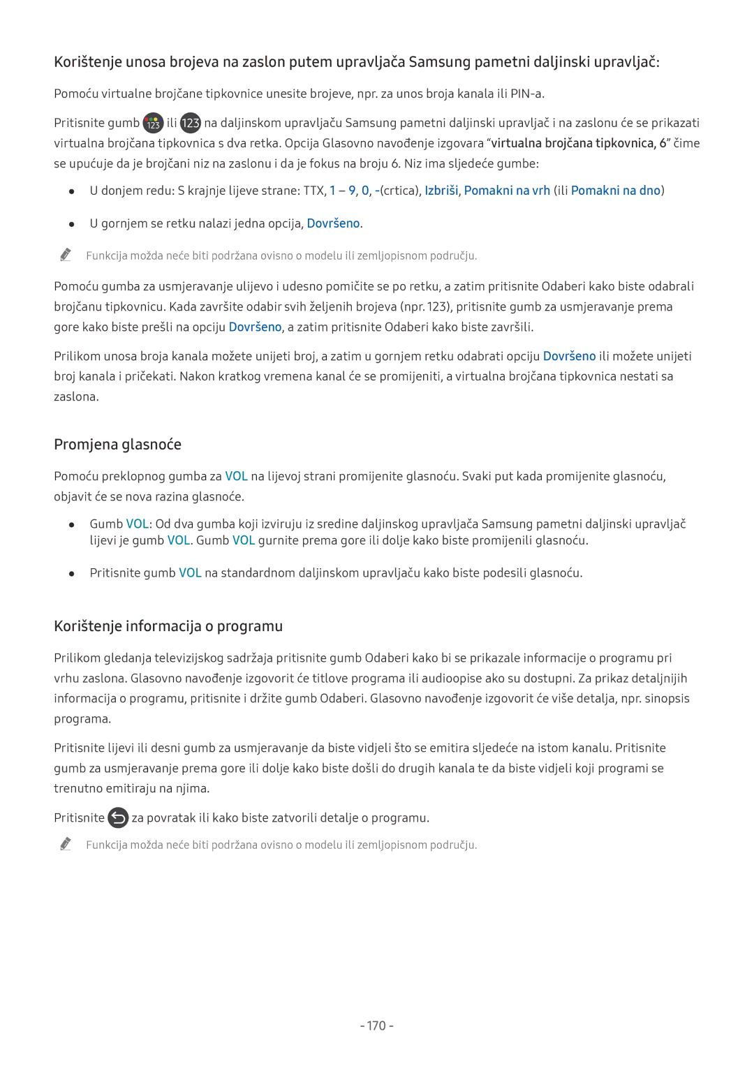Samsung UE65NU7372UXXH, UE65NU7172UXXH, UE55NU7172UXXH manual Promjena glasnoće, Korištenje informacija o programu, 170 