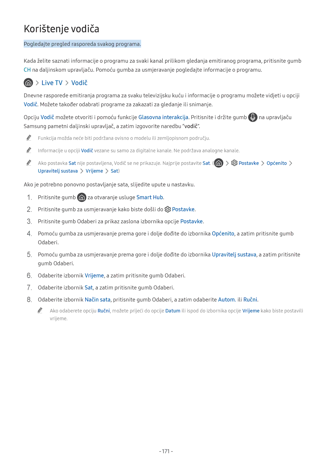 Samsung UE65NU7172UXXH, UE65NU7372UXXH, QE65Q8CNATXXH Korištenje vodiča, Live TV Vodič, 171, Upravitelj sustava Vrijeme Sat 