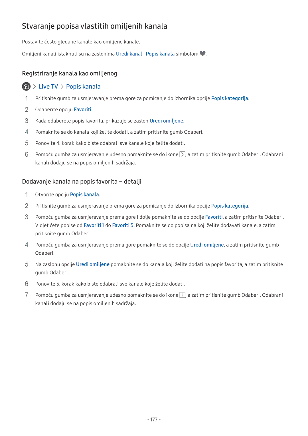 Samsung QE55Q9FNATXXH, UE65NU7372UXXH Stvaranje popisa vlastitih omiljenih kanala, Registriranje kanala kao omiljenog, 177 