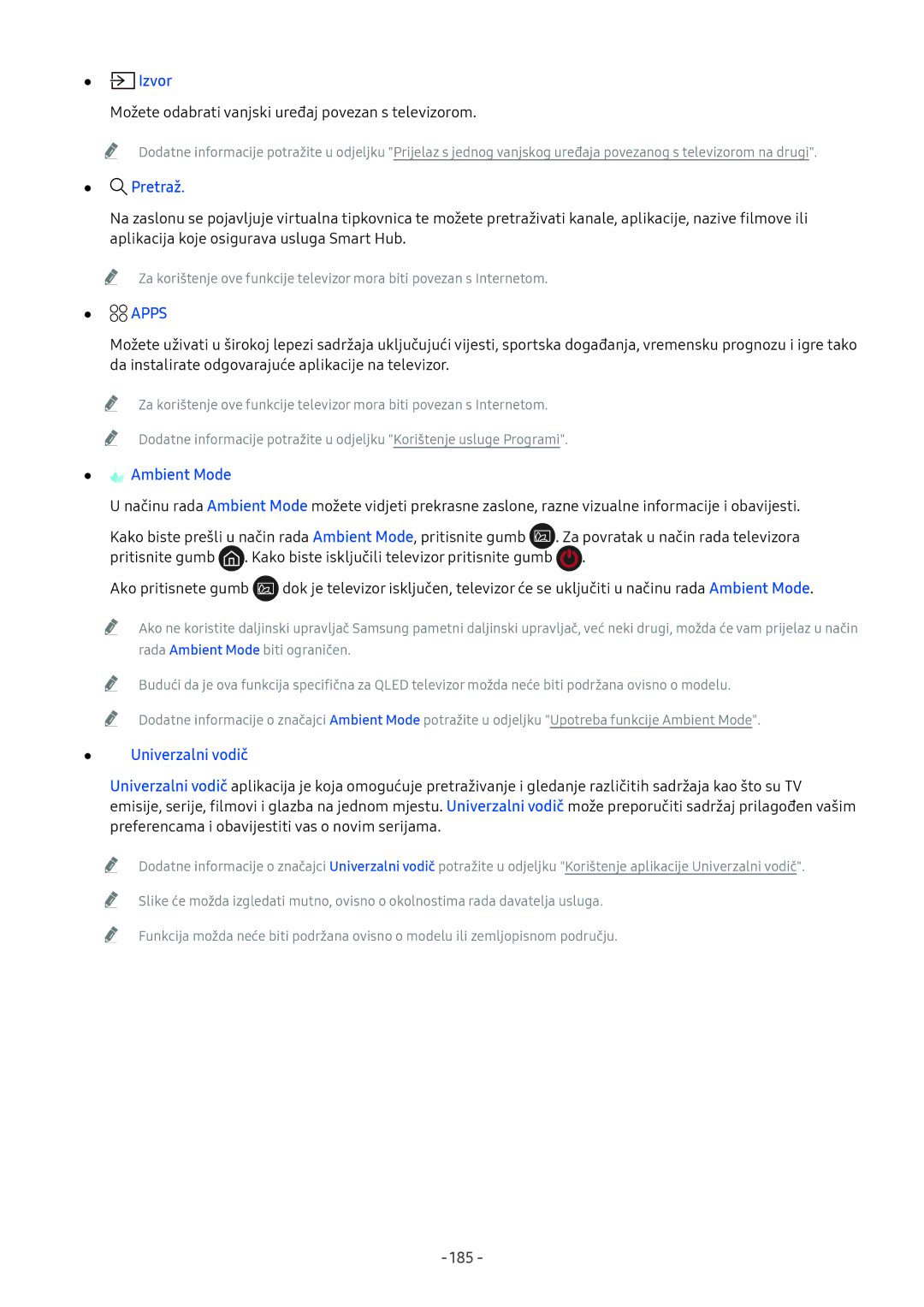 Samsung UE75NU7172UXXH, UE65NU7372UXXH, UE65NU7172UXXH, UE55NU7172UXXH manual Izvor, Pretraž, Apps, Univerzalni vodič, 185 