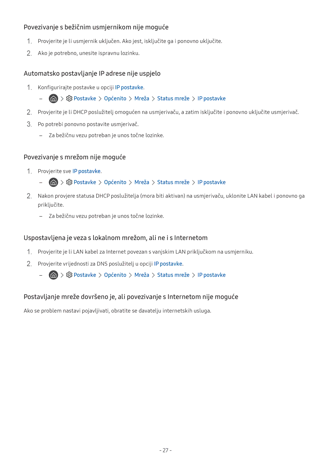 Samsung UE75NU8002TXXH Povezivanje s bežičnim usmjernikom nije moguće, Automatsko postavljanje IP adrese nije uspjelo 