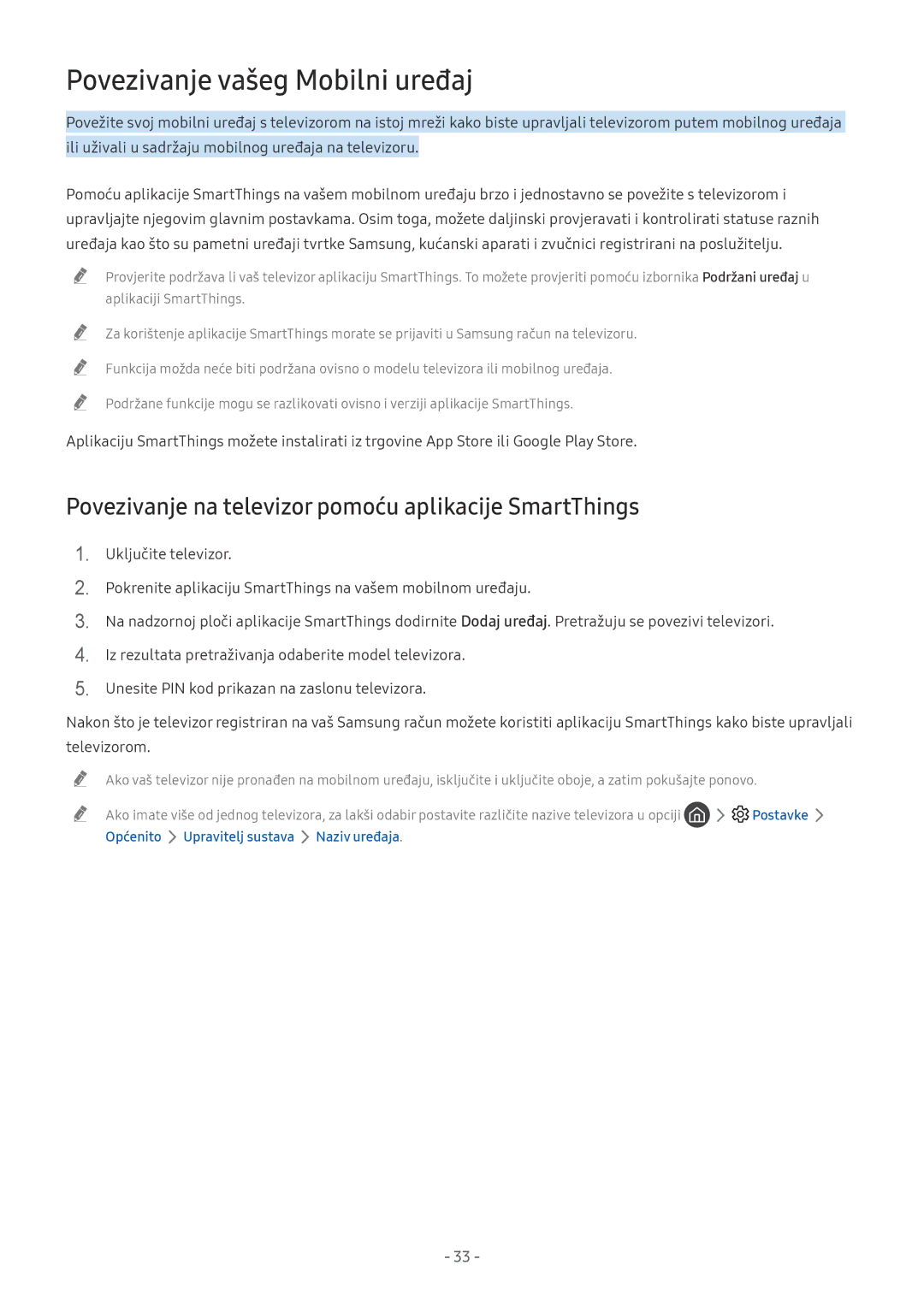 Samsung UE65NU7502UXXH manual Povezivanje vašeg Mobilni uređaj, Povezivanje na televizor pomoću aplikacije SmartThings 