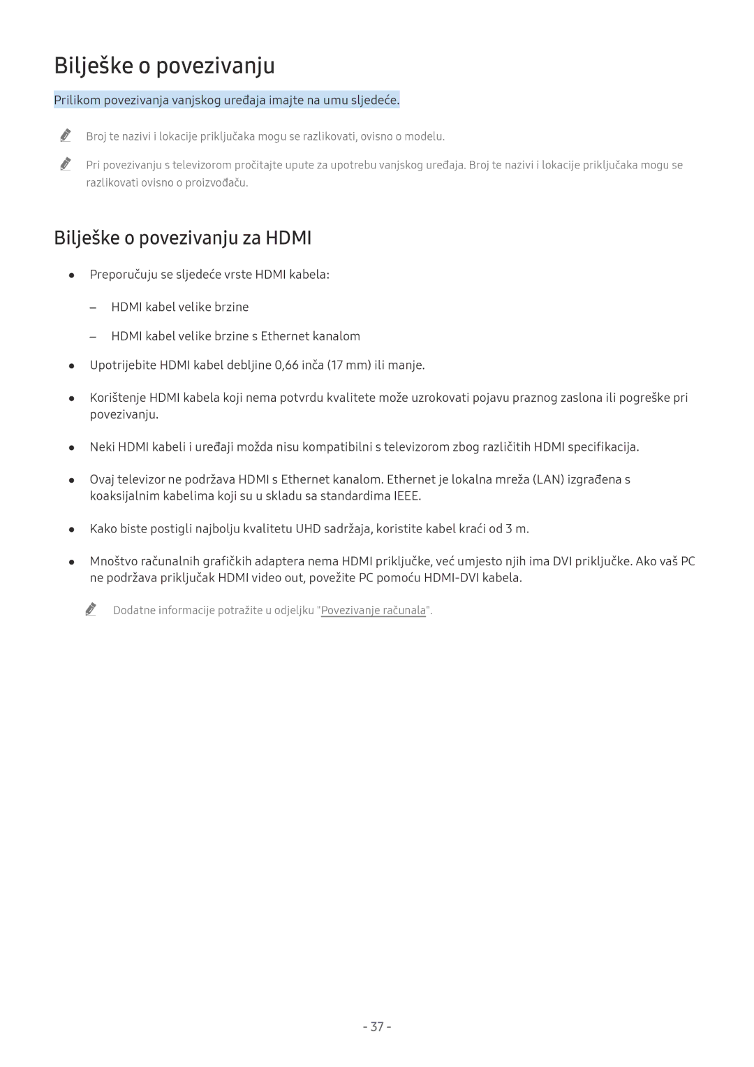 Samsung UE65NU8002TXXH, UE65NU7372UXXH, UE65NU7172UXXH, UE55NU7172UXXH, QE65Q8CNATXXH manual Bilješke o povezivanju za Hdmi 