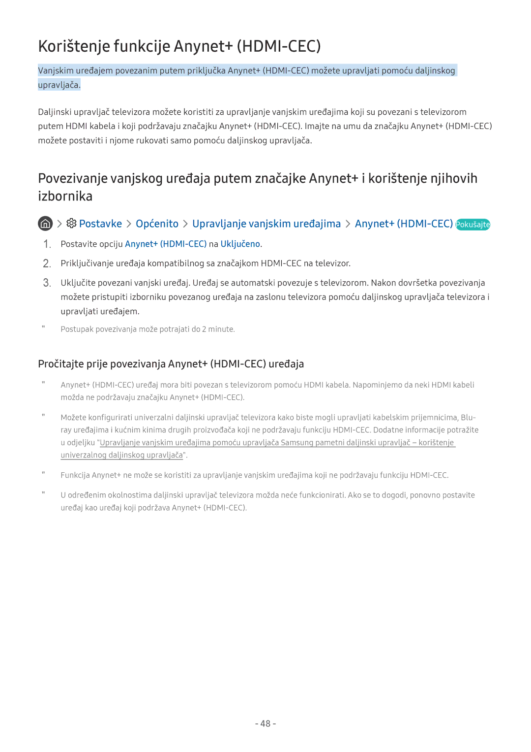Samsung UE55NU8002TXXH manual Korištenje funkcije Anynet+ HDMI-CEC, Pročitajte prije povezivanja Anynet+ HDMI-CEC uređaja 