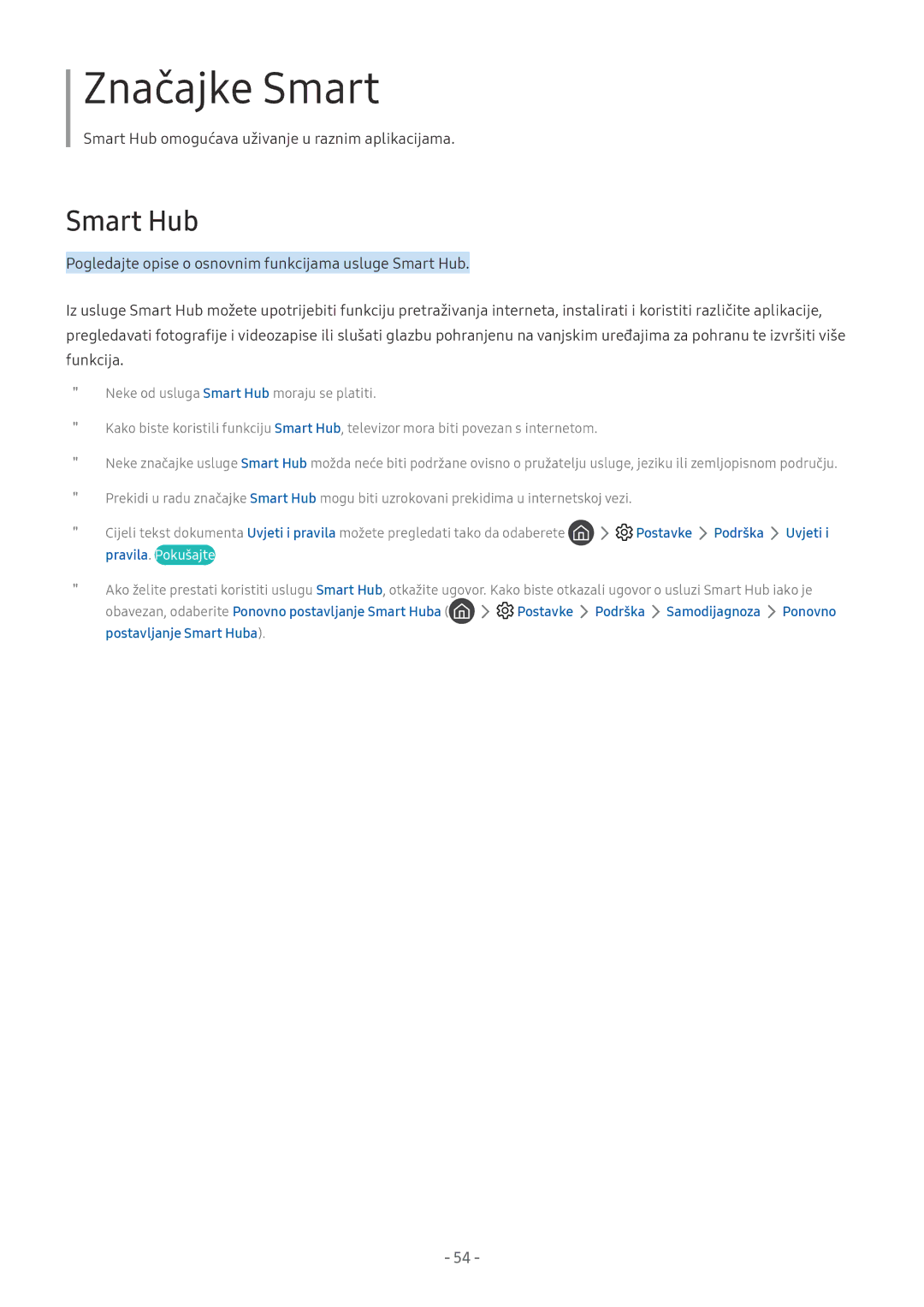 Samsung UE65NU8002TXXH, UE65NU7372UXXH, UE65NU7172UXXH, UE55NU7172UXXH manual Smart Hub, Postavke Podrška Uvjeti, Pravila 