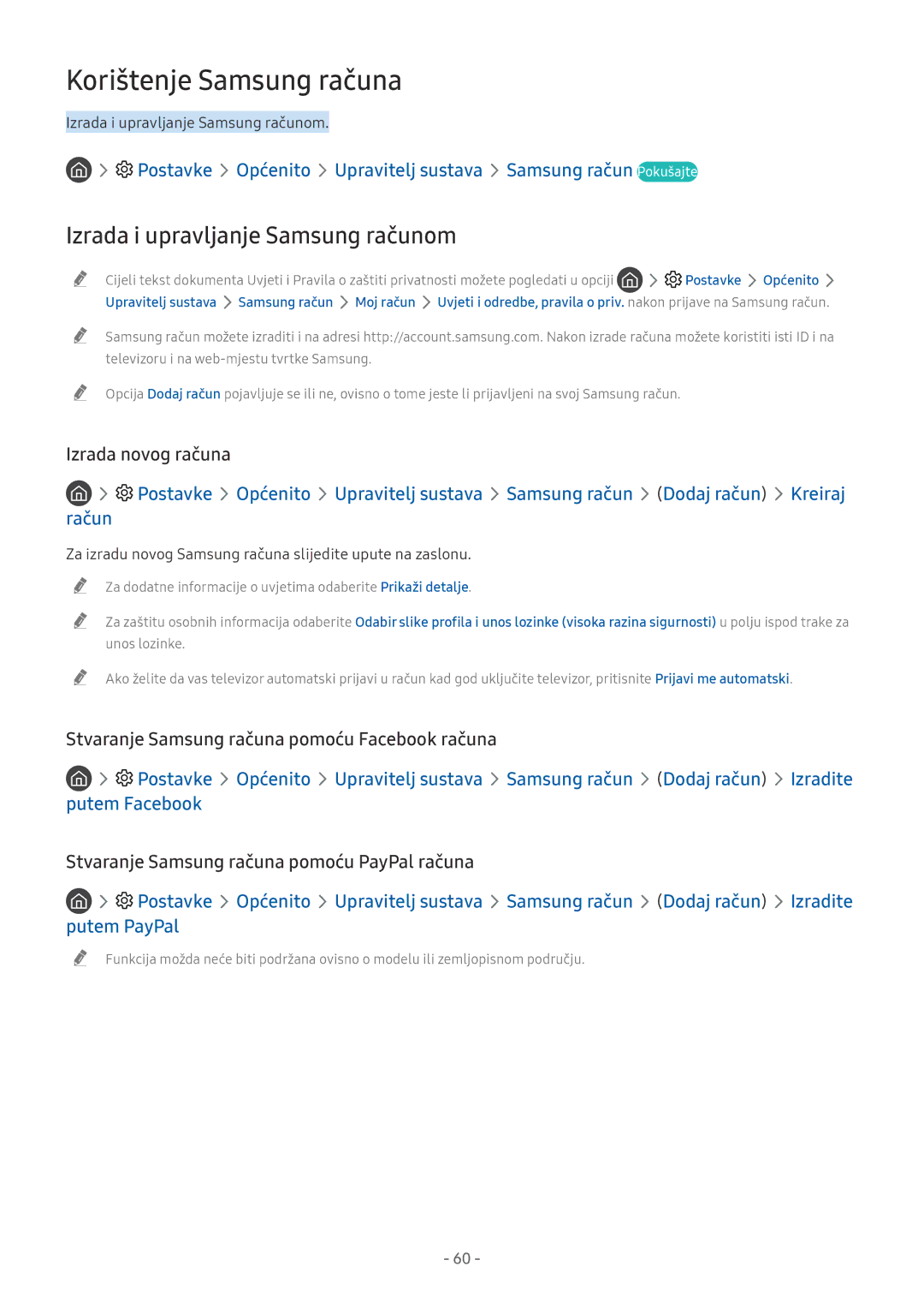 Samsung QE55Q7FNATXXH manual Korištenje Samsung računa, Izrada i upravljanje Samsung računom, Putem Facebook, Putem PayPal 