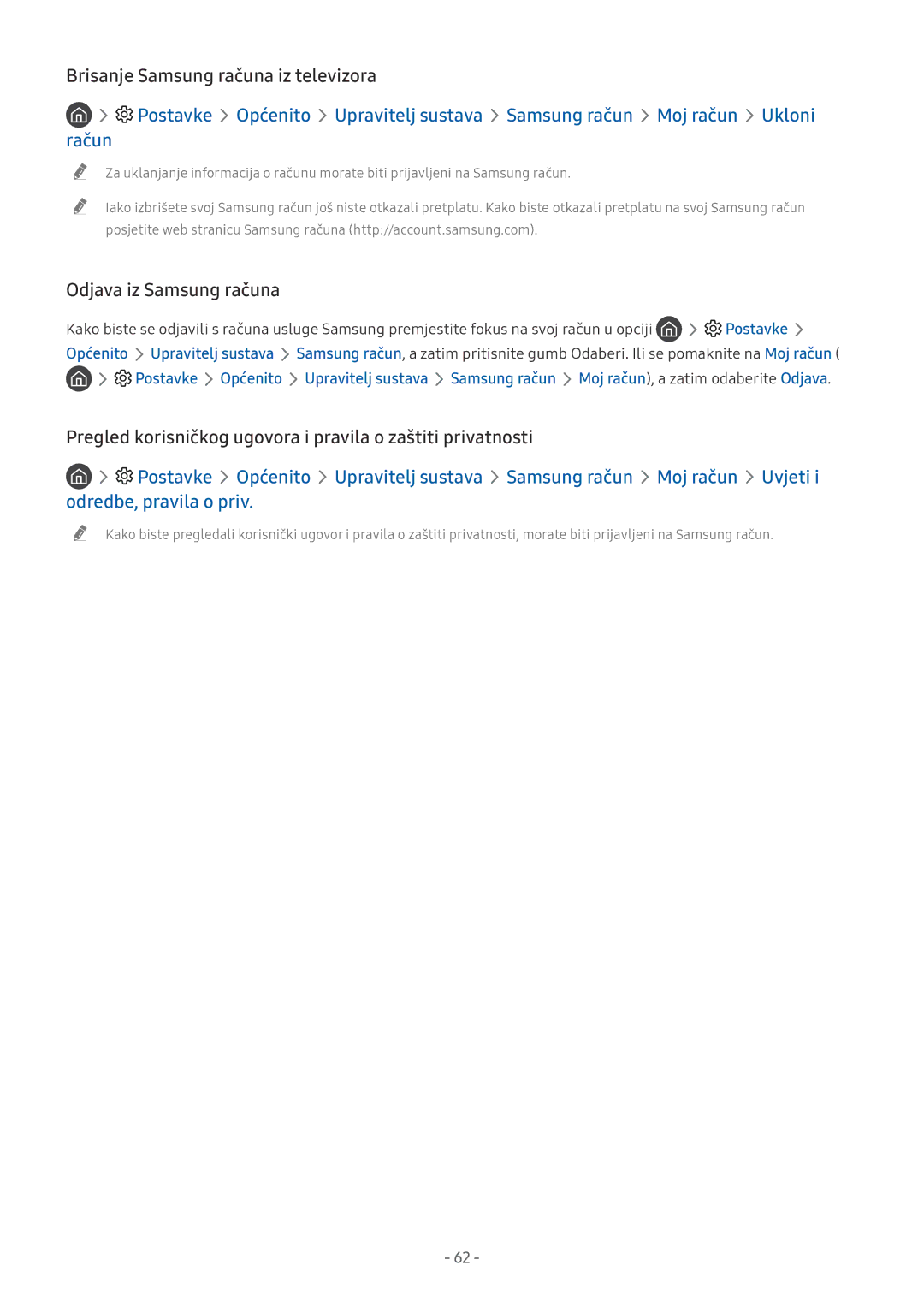 Samsung QE75Q9FNATXXH, UE65NU7372UXXH, UE65NU7172UXXH manual Brisanje Samsung računa iz televizora, Odjava iz Samsung računa 