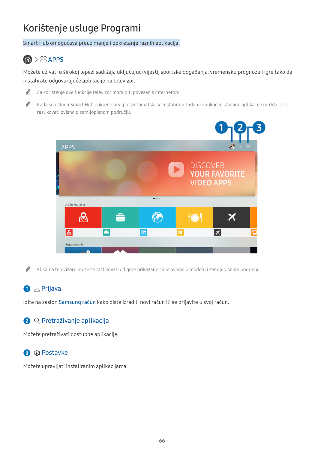 Samsung UE75NU7172UXXH, UE65NU7372UXXH, UE65NU7172UXXH manual Korištenje usluge Programi, Prijava, Pretraživanje aplikacija 