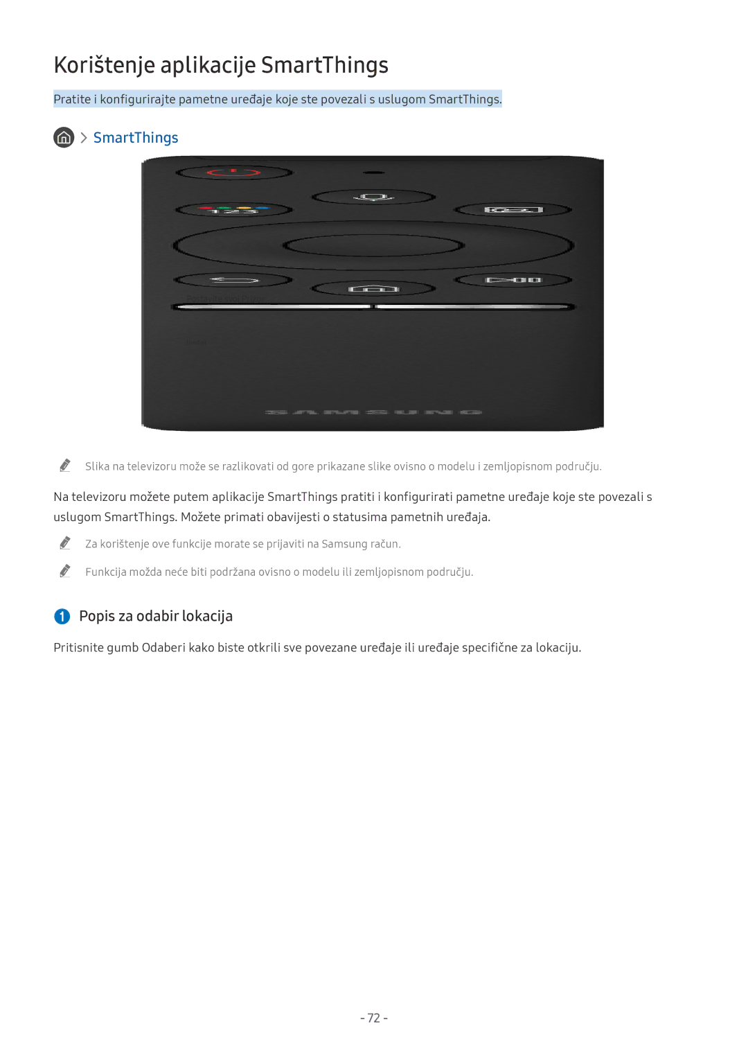 Samsung QE65Q8CNATXXH, UE65NU7372UXXH, UE65NU7172UXXH manual Korištenje aplikacije SmartThings,  Popis za odabir lokacija 