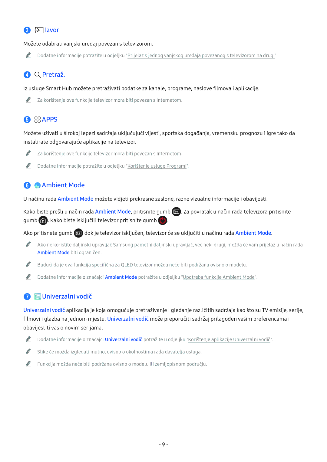 Samsung QE55Q7FNATXXH, UE65NU7372UXXH, UE65NU7172UXXH, UE55NU7172UXXH Izvor, Pretraž, Apps, Ambient Mode, Univerzalni vodič 