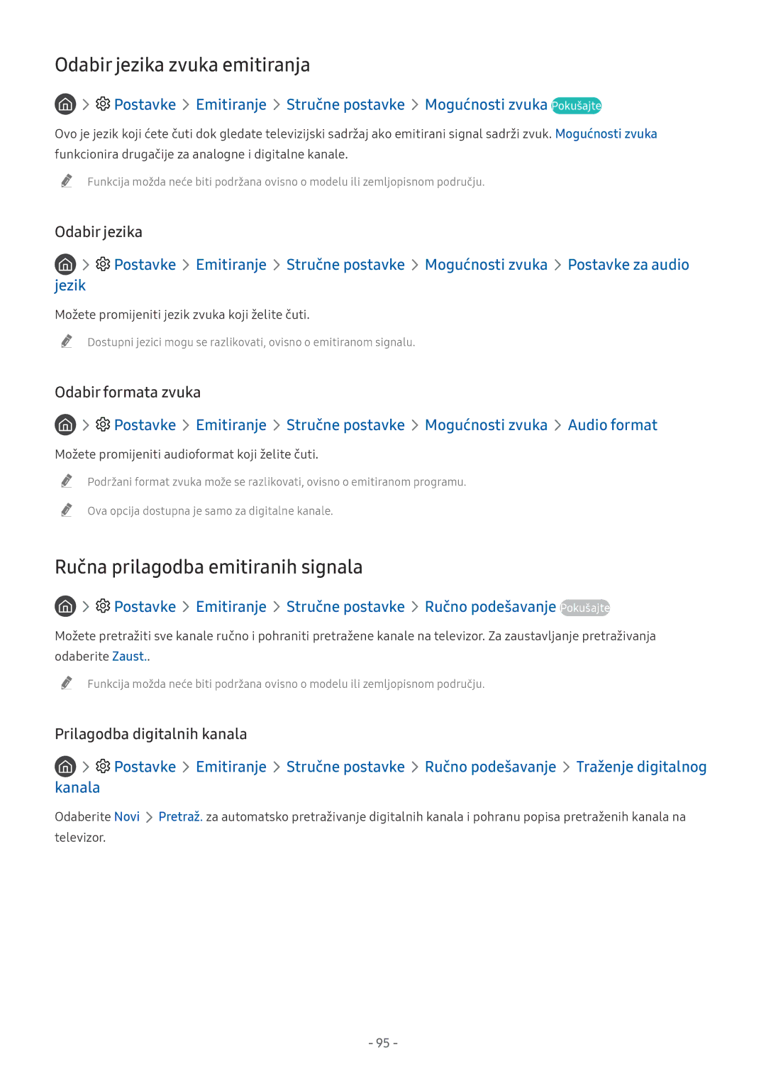 Samsung UE75NU8002TXXH manual Odabir jezika zvuka emitiranja, Ručna prilagodba emitiranih signala, Odabir formata zvuka 