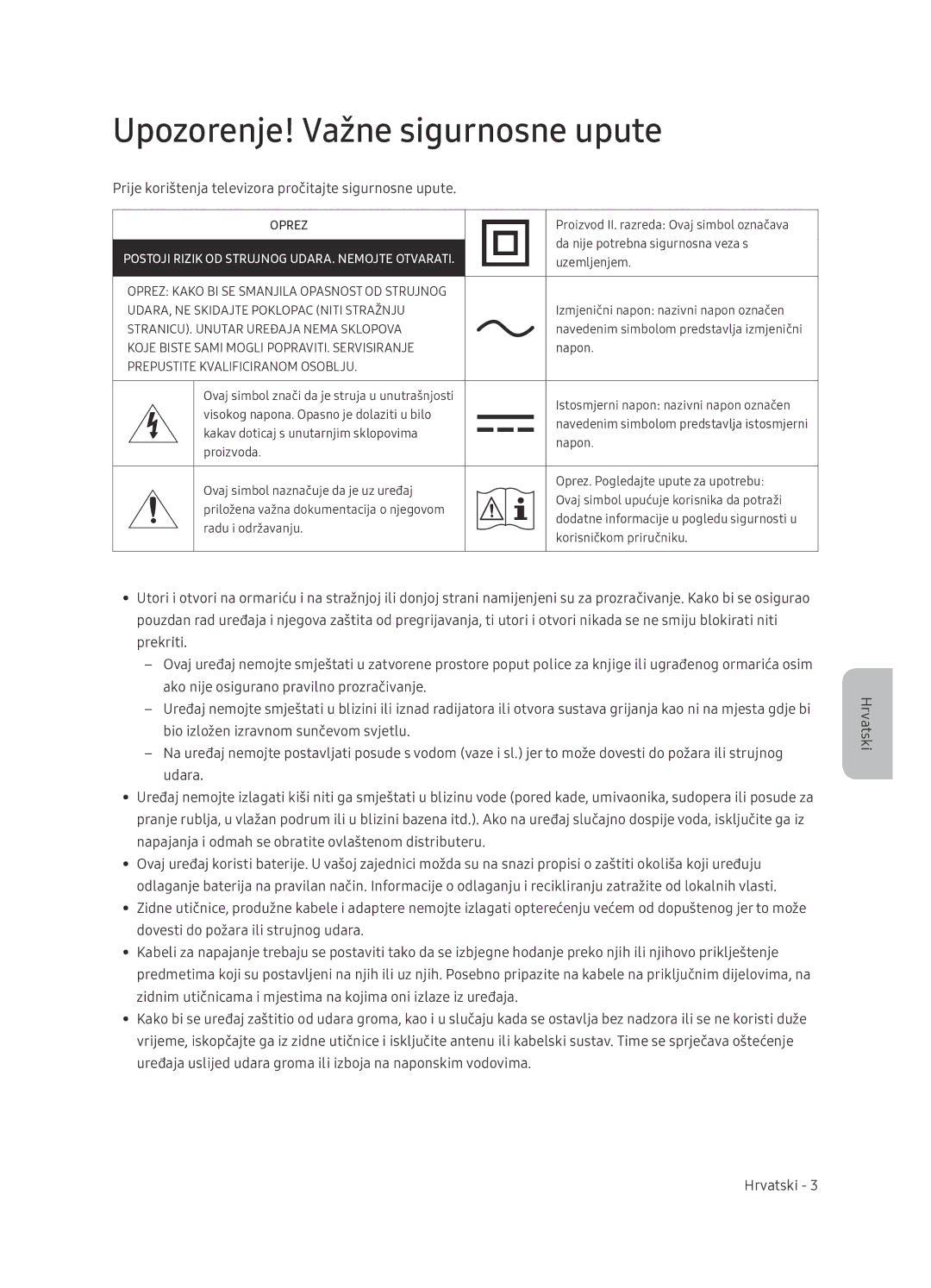 Samsung UE65NU7402UXXH manual Upozorenje! Važne sigurnosne upute, Prije korištenja televizora pročitajte sigurnosne upute 